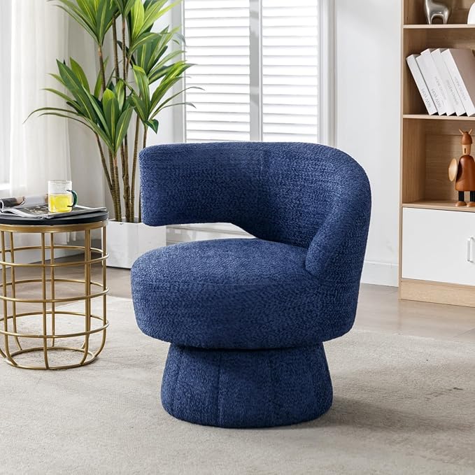 360 Degree Swivel Cuddle Barrel Accent Chairs Round Armchairs with Wide Upholstered Fluffy Fabric Chair for Living Room Bedroom Office Waiting Rooms (Navy B)