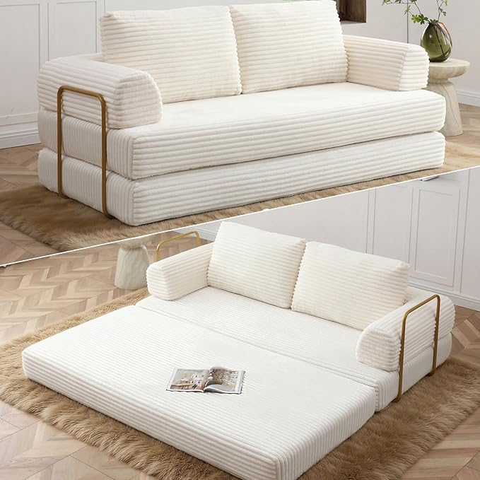 80” Convertible Sleeper Sofa Bed High Back Plush Corduroy Boneless Futon Loveseat with Pull Out Bed Fixed-Shape Folding Floor Mattress Couch No Assembly Required (Beige)