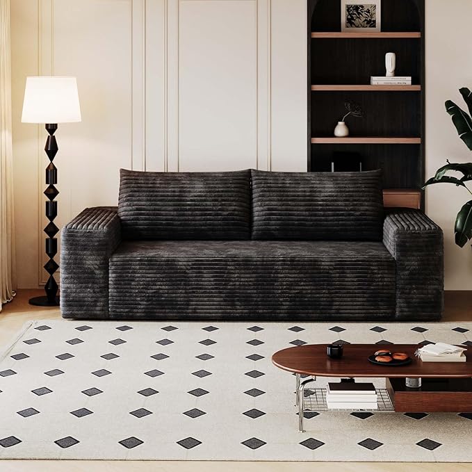 71 Cloud Loveseat Sofa Modern Corduroy Boneless Couch with Deep Seat Memory Foam Comfy 3 Seater Foam Floor Couches for Living Room Bedroom Apartment No Assembly Required (Black 71+3 Seaters)