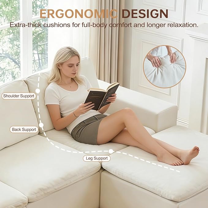 110 L Shaped Modern Sofa Boneless Modular Sectional Cloud Couch with Ottoman 4-Seat Chenille Deep Seat Sofa for Living Room Bedroom and Apartment No Assembly Beige | No Assembly Required 30 Dee