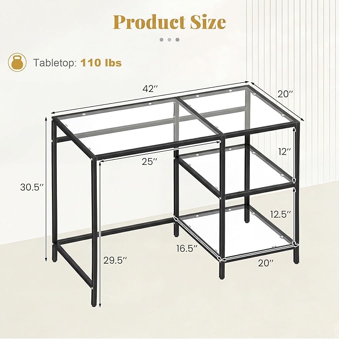 Giantex Computer Desk 42 Inch Home Office Desk with Tempered Glass Storage Shelves &amp Metal Frame Modern Work PC Desk Study Writing Table for Small Space Black