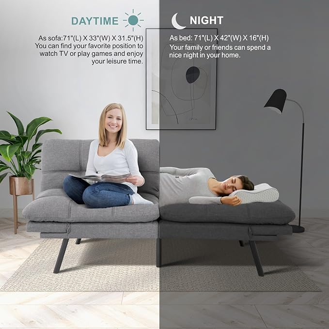 MUUEGM 71 Futon Sofa Bed with Memory FoamFuton Couch with Adjust Backrest and Armrest Couches Bed for Living RoomStudios Apartments Dormitories Offices and Game Rooms. Light Grey Sofa Bed