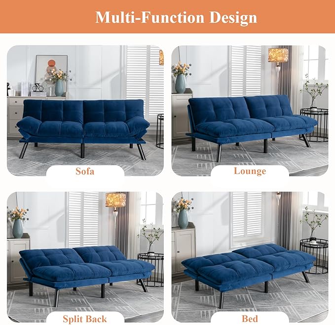 Anwick Futon Sofa Bed Velvet Convertible Futon Sleeper Couch 71 Sleeper Sofa Bed with Adjustable Backrest Modern Loveseat Couch for Compact Living Room Apartment Office (Blue)
