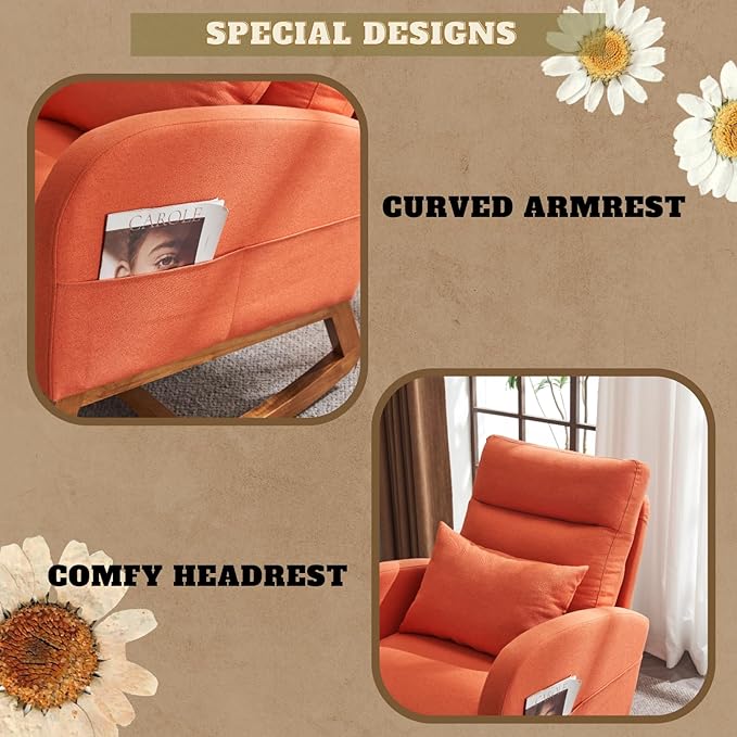 VINGLI Orange Linen Rocking Chair Nursery with Thick Headrest Upholstered Mid-Century Modern Nursing Rocker Glider with Curved Armrest Sturdy Solid Wood Base for Living Room Bedroom Baby Room