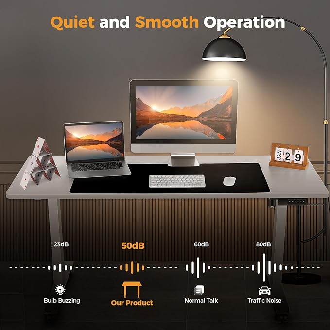Standing Desk 63 x 24 in Adjustable HeightElectric Stand Up DeskCurved Sit Stand Home Office Computer Desk with casters Mouse pad and Headphone Hook(White)