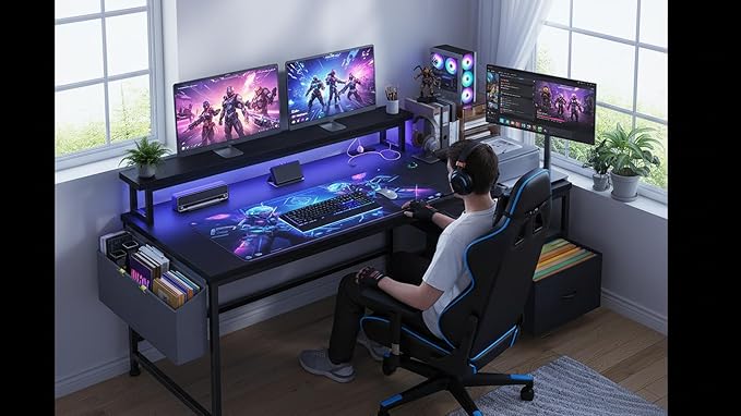 Gaming Desk with Monitor StandComputer Desk with LED Lights &ampPower OutletsOffice Desk with Drawers &amp Printer ShelfWriting Table with Side Storage Bag57 W x 20 D x 36 HBlack Desk