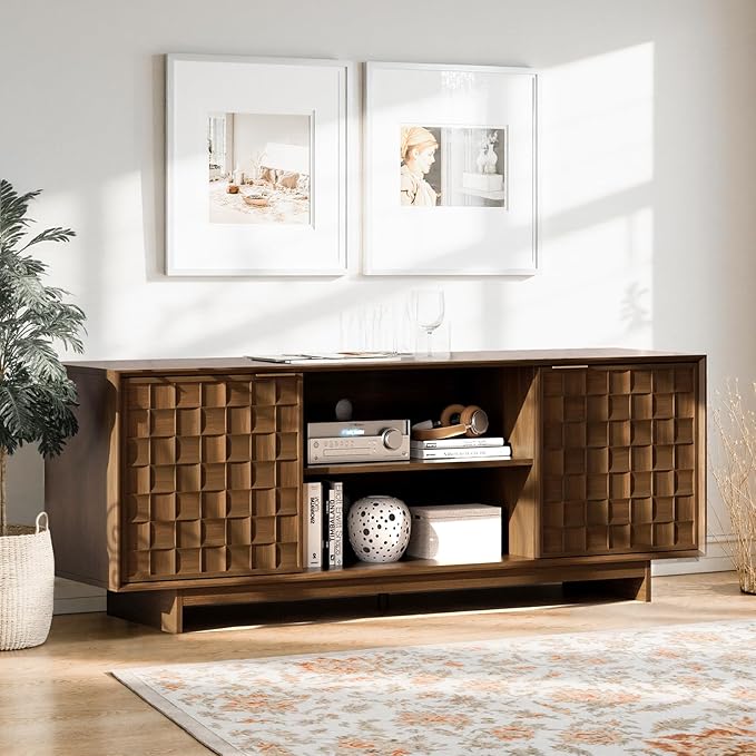 COLAMY TV Stand with Two Doors Entertainment Center 59 with Adjustable Shelves and Storage Mid-Century Modern TV Stand for 50/55/65 inch TV Media Console Cabinet for Living Room Bedroom Walnut