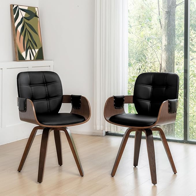 Set of 4 Mid Century Modern Chairs - Swivel Dining Chairs with Arms and Curved Back Faux Leather Reception Room Chairs Ideal for Kitchen/Living Room/Reception/Desk (Walnut Black)