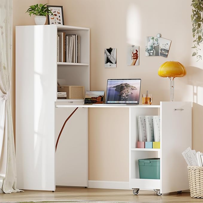 Folding Desk with Storage Convertible Table with Shelves &amp Wheels Craft Cabinet with Fold Out Table Compact Computer Desk for Small Space Reversible L Shaped Desk - White