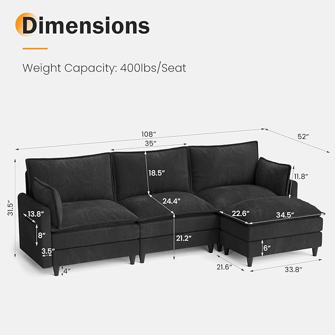 Apicizon 108 Cloud Couch Sectional L Shaped Cloud Sofa with Side Storage Pocket Modern Corduroy Sofa Set for Living Room Office Black