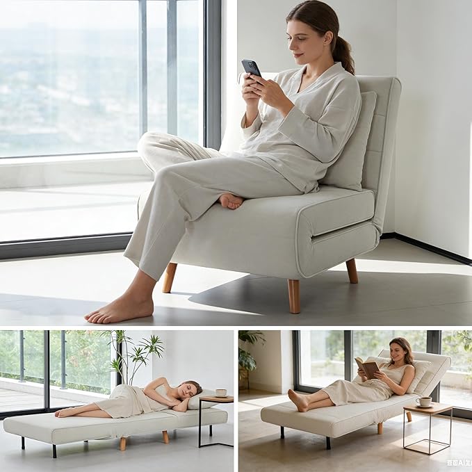 3 in 1 Upholstered Accent Chair Chenille Convertible Sofa Bed with Backrest Solid Wood Legs Convertible Couch Space Saving for Bedroom/Living Room/Home Office Easy Setup - Beige White