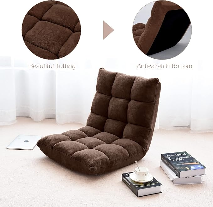 LDAILY 14-Position Floor Chair Adjustable Gaming Chair with Strong Back Support Padded Cushion Folding Couch Recliner Sofa Ideal for Floor Seating Reading Gaming(Coffee)