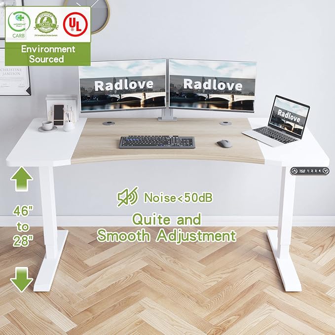 Radlove Dual Motor Height Adjustable Standing Desk 63 x 30 Height Adjustable Computer Desk Sit Stand Desk Home Office Desks with Splice Board 265 lb Load Capacity White Frame + White Top