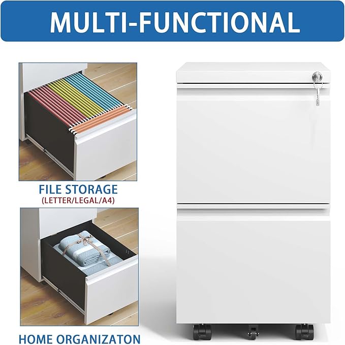 Rolling File Cabinet with Lock 2-Drawer Metal Mobile Filing Cabinet with Wheels for Store Documents Information Personal Belongings Fully Assembled Except Wheels White