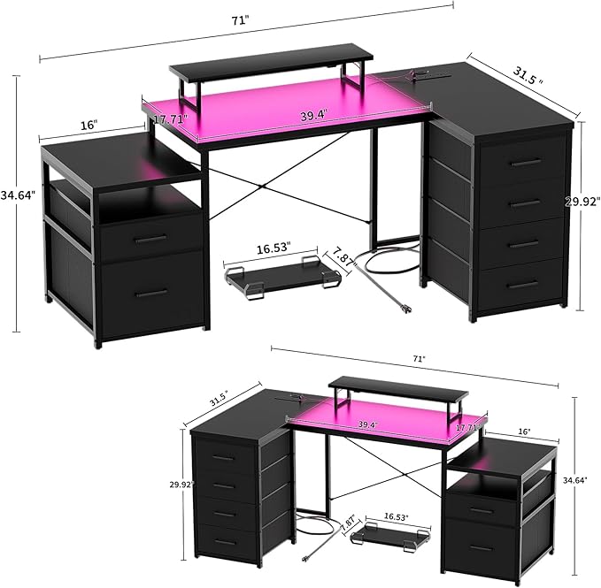 Unikito Reversible L Shaped Computer Desk with Fabric File Drawers 70.8 Large Office Corner Desk with RGB LED Lights &amp Power Outlets &amp Monitor Stand &amp CPU Stand Sturdy L Shape Gaming De