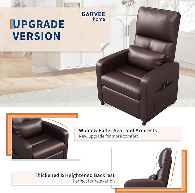 Power Recliner Chair Adjustable Electric Recliner Chair with Tall Back &amp Overstuffed Padding PU Leather Single Sofa with 2 Side Pockets &amp USB Port Home Theater Seating for Living Room Brow