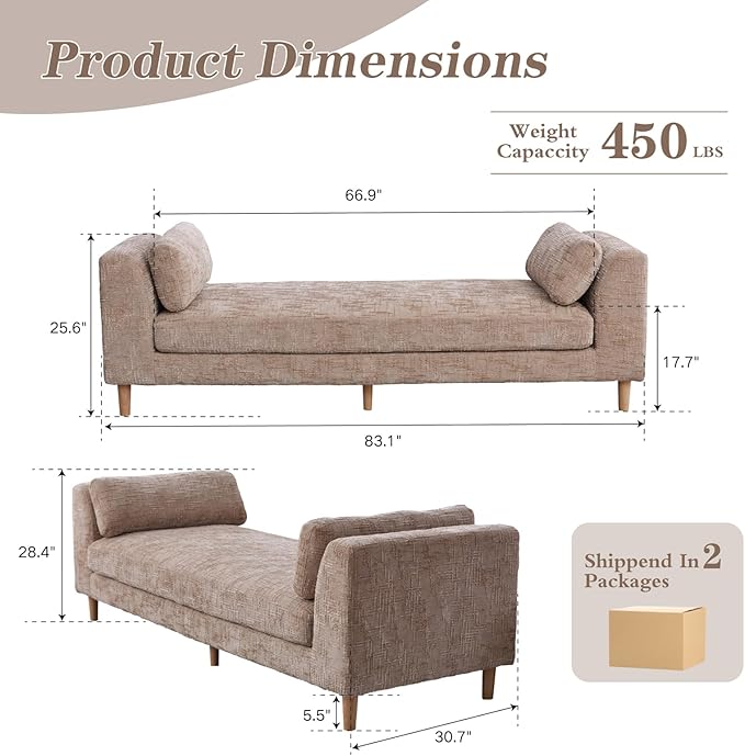 Mlmh &amp Kngwa Oversized Chaise Lounge Indoor 83.1 End of Bed Bench King Size Daybed with 2 Removable Pillows &amp Armrests Upholstered Chaise Bench Window Seat Benches for Living Room Bedroom Wh