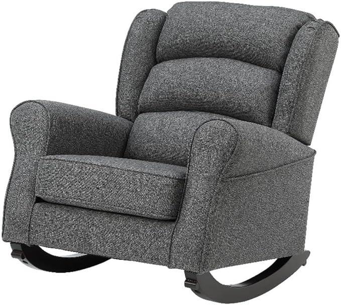 Pemberly Row Upholstered Fabric &amp Wood Rocking Chair Gray Finish 36 H x 40 W x 34 D Pocket Coil Seat Wooden Legs Rolled Arms Channel Back Living Room Seating