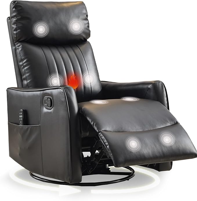 cinkehome Heated Massage Swivel Rocker Recliner Chair for Nursery - Small Space Reclining Chair with Lumbar Support 360° Swivel &amp Gentle Rocking Ergonomic High Back Faux Leather Black