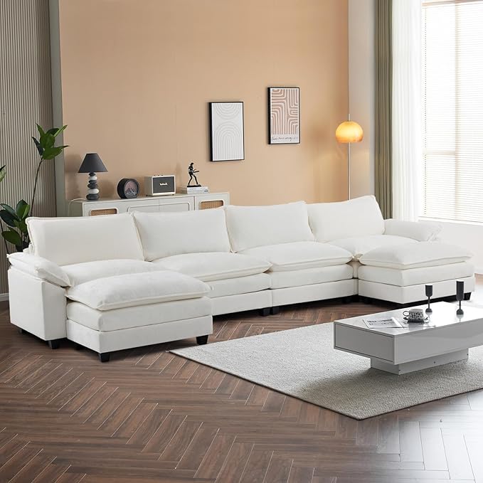 VINGLI Convertible Modular Sectional Sofa for Living Room with Deep Seat &amp 2 Movable 2-Layer Ottomans U-Shape Cloud Sofa Bed with Chaise Oversized 4-Seater Armchair Sleeper Couch Chenille Crea