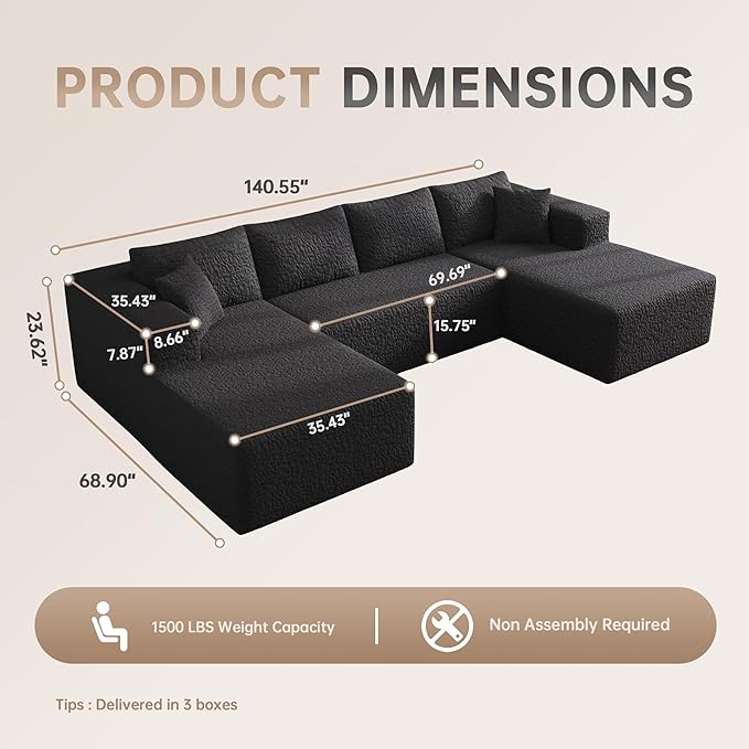 140 U-Shaped Modular Sectional Sofa for Living Room3 Seater Cloud Sectional Couch with Chaise LoungeDeep Seat with PillowsNo Assembly Required (Black)