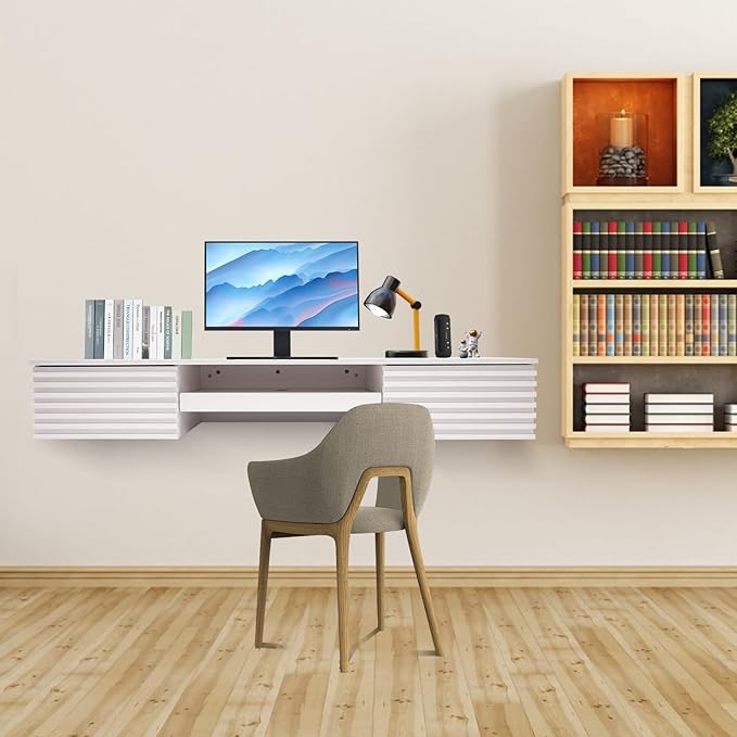 Wall Mounted DeskFloating Hanging DesksWall-Mounted Computer Table TableComputer ShelfFloating Shelf with Pull Out Drawer for Office Home (White)