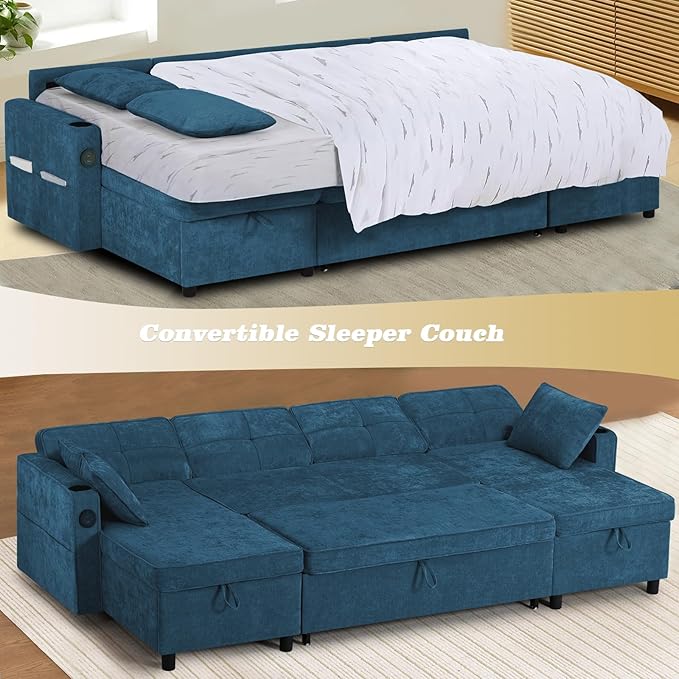 110 Inches Chenille Sectional Sofa w/Pull Out Sofa Bed &amp Adjustable Back Tufted U Shaped Couch w/Two Storage Chaises Sleeper Sectional Sofa w/USB Port &amp Cup Holders for Living Room Blue
