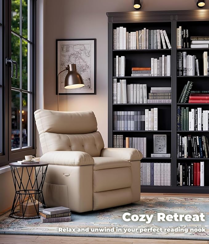Oversized Extra Wide Manual Recliner Chair PU Leather Comfortable Reclining Chair with Overstuffed Arms &amp Back Side Pocket Single Sofa for Living Room Bedroom Home Office Beige