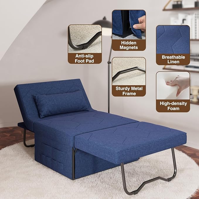 4 in 1 Sleeper Chair Convertible Sleeper Sofa with Ottoman Ottoman Bed for Adults Sofa Bed with Adjustable Backrest for Living Room Apartment Office Jean Blue