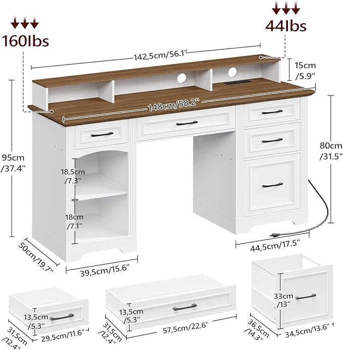58 Executive Desk Farmhouse Computer Desk with Drawers Wooden Office Desk with File Cabinet Charging Station Monitor Stand for Work and Study White and Walnut CDBZ10E01
