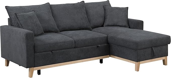 Lilola Home Colton 84.25 W Dark Gray Woven Fabric Reversible Sleeper Sectional Sofa with Pull-Out Bed and Storage Chaise – Modern L-Shaped Couch for Living Room or Apartment