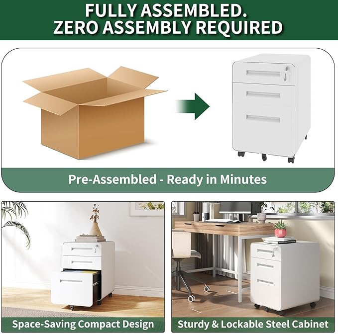 3 Drawer Filing Cabinet Lockable Metal File Cabinet Mobile File Cabinets for Home Office Under Desk Cabinets for Organizer A4/Letter/Legal Fully Assembled (White 2)