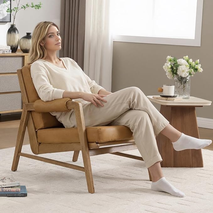 CIMOTA Mid Century Modern Accent Chair Set of 2 Leather Upholstered Living Room Chairs with Arms Comfy Reading Chair with Solid Wood Frame High Back for Bedroom Waiting Room Office Brown