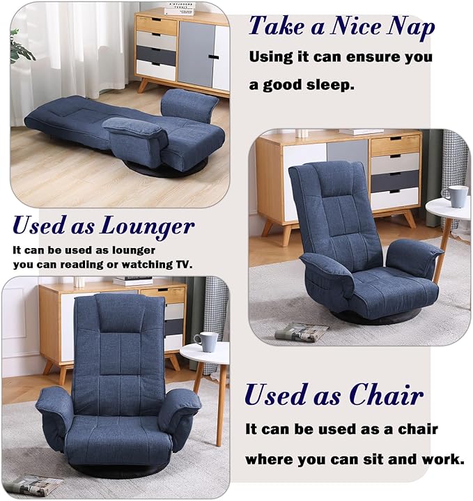 360 Degree Swivel Floor Chairs for Adults Gaming Floor Chair with Back Support 14 Angles Adjustable Comfortable Floor Lounge Chair Folding Video Game Chairs Office Bedroom 201(Blue)