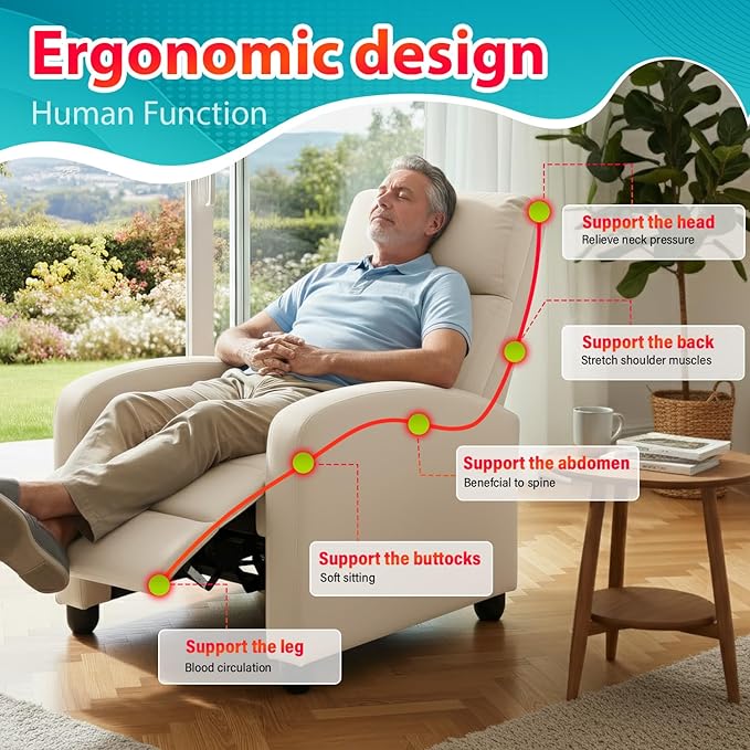 BestMassage | Recliner Chair | with 2 Point Massage Function | Textile Beige | with Lumbar Support Adjustable Push Back Footrest &amp Padded Seat | Easy Assembly | for Living Room Home Theatre