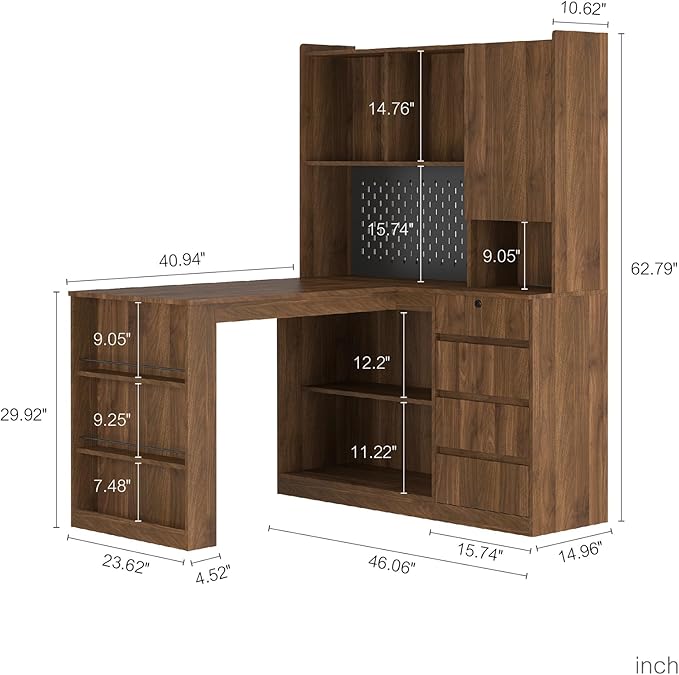 Executive Computer Desk L-Shaped Student Home Bedroom Table Modern Corner Work Writing Desk with LED Light and Storage Drawers and Bookshelf for Bedroom Wood