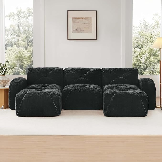 110 Oversized Modular Sectional Sofa Velvet 3-Saet Boneless Couch with Ottoman Deep Seat Cloud Couch Tufted Design Highly Textured U Shaped Sectional Couches for Living Room No Assembly Black