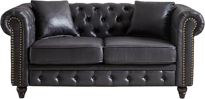 Mid Century Modern Couch 63.5 Chesterfield Sofa Tufted Loveseat w/ Nailhead Trim Rolled Arms Comfy Upholstered Deep Seating Settee Love Seat for Living Room Office (Leather Black 2 Seater)