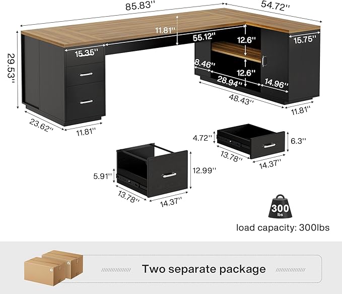 Tribesigns 85.8-Inch L-Shaped Executive Desk Extra Large Modern Office Desk with File Drawers Door Cabinet &amp Shelves Commercial Office Table Home Business Workstation Brown &amp Black