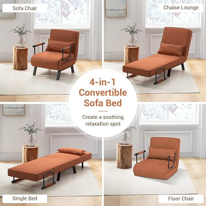 LDAILY Convertible Sofa Chair Bed 5 Adjustable Position Folding Sleeper Chair Single Folding Arm Chair w/Pillow Backrest Upholstered Seat Lazy Sofa Leisure Recliner for Home Office (Brown)