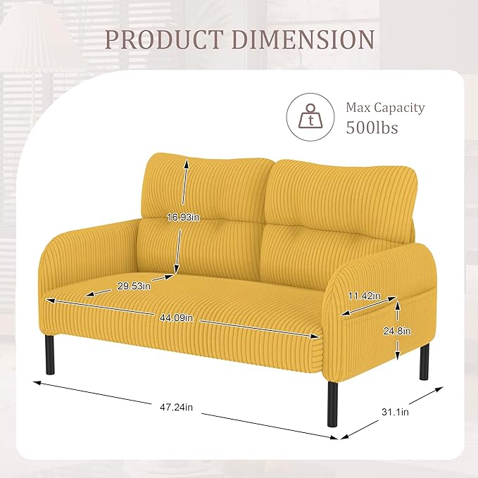 Loveseat Sofa 47” Small Sofa Couch for Living Room Comfy Corduroy Fabric Love Seat for Bedroom with Throw PillowRemovable Cushion CoverCouches for Small SpaceApartmentDorm (Yellow) | suitable fo