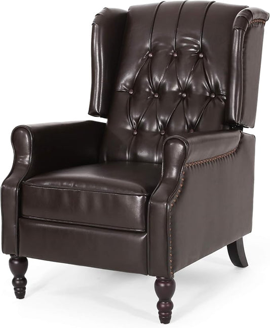 Christopher Knight Home GDFStudio Elizabeth Tufted Bonded Leather Recliner Vintage Reclining Reading Armchair 28.5D x 34.5W x 41H in Brown