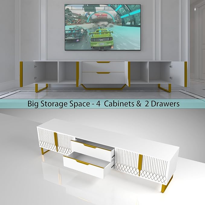 Luxury TV Stand for 55 65 75 Inch TV Carving Design Entertainment Center for 50 60 70 Inch TV Metal Legs TV Console TV Table Equipped with Two Drawers and Cabinets White