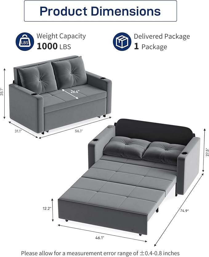 3 in 1 Sofa Bed 56 Inch Velvet Pull Out Couch Convertible Sleeper Sofa with Cup Holders USB Loveseat Sofa Couches for Living Room Small Space Deep Grey