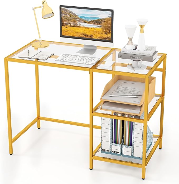 GOFLAME Computer Desk with Shelves 42” Home Office Desk with Metal Frame Tempered Glass Study Writing Table Modern Simple PC Desk for Living Room Bedroom (Golden)