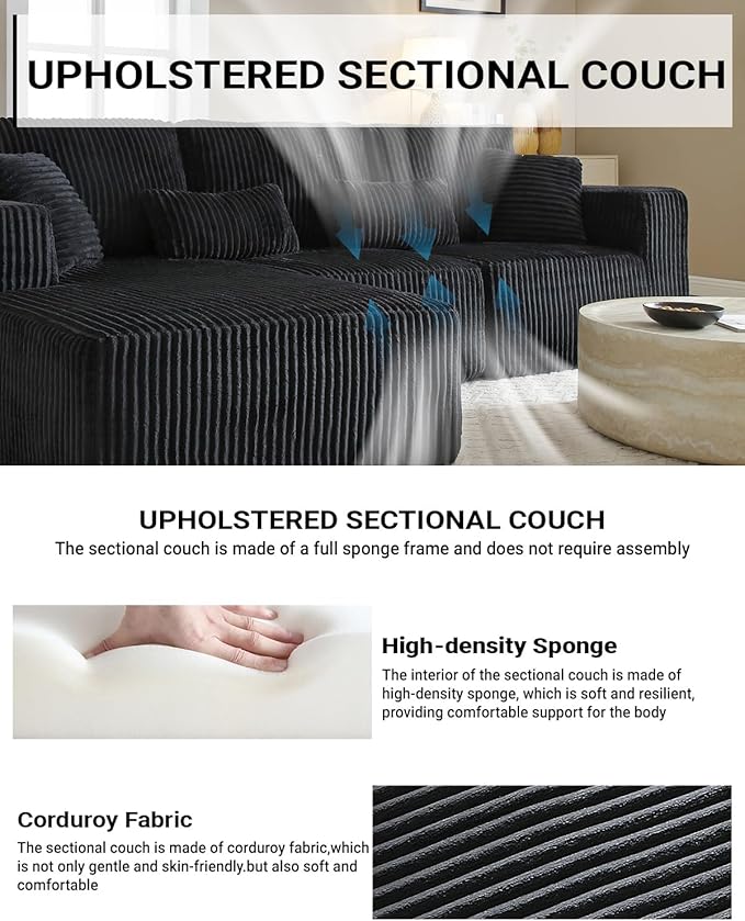 110 Inch Cloud Sectional Couch Modular Sectional Sofa with Deep Seat Corduroy Upholstered Boneless Couch for Living Room Bedroom Left Facing Chaise No Assembly Required (Black)
