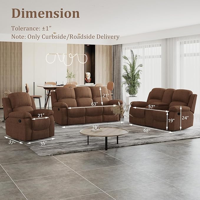 Manual Recliner Loveseat Sofa Reclining Couch with Cup Holders2 Seats Loveseat with Storage Console for Living Room/Office/Lounge/Club/Rv Car（Brown Velvet2 Seater Loveseat）