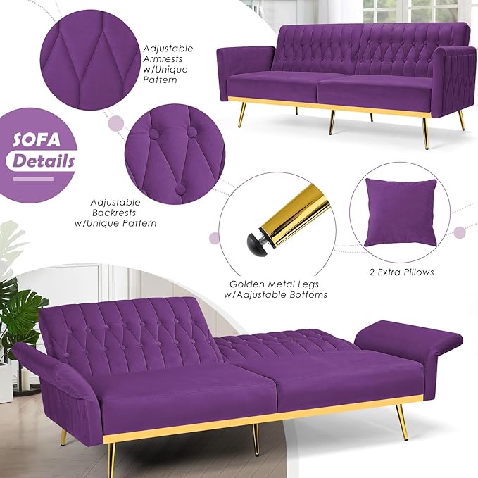 70 Velvet Futon with Adjustable Backrest and Armrests Sofa Bed with Extra Pillows for Waiting Room Living Room and Office Purple