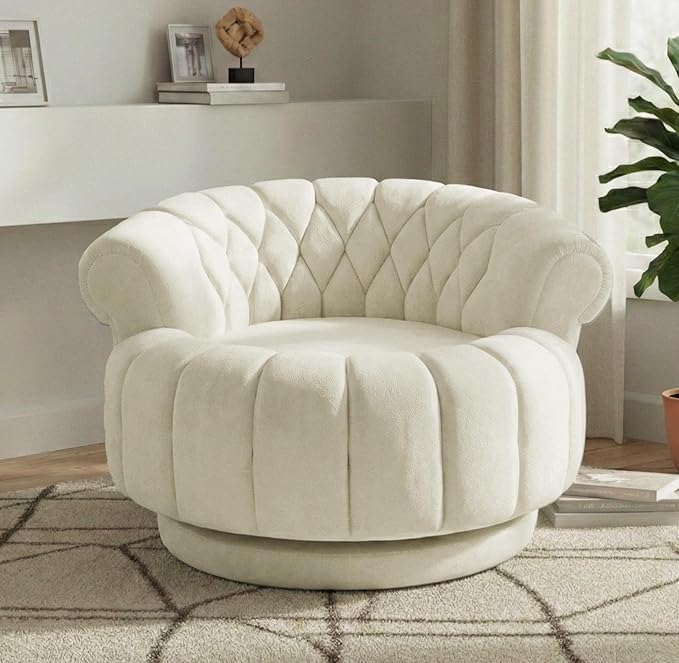 Luxury Swivel Accent Chair Oversized 31 Round Cuddle Chair with 360° Smooth Rotation Modern Channel Tufted Back Thick Padding for Living Room Bedroom Easy Assembly - Sand Beige