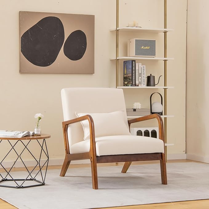 GORELAX Mid Century Modern Accent Chair Upholstered Lounge Armchair with Wood Frame &amp Lumbar Pillow Comfy Reading Chair for Living Room Bedroom Office (1 Beige)